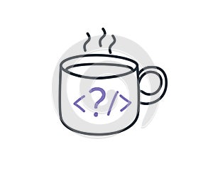 Cup of coffee with code sign vector sketch icon isolated on background. Hand drawn Cup of coffee with code sign icon.