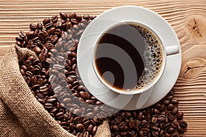 Cup of coffee and coffee beans