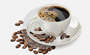 Cup of coffee with coffee beans.