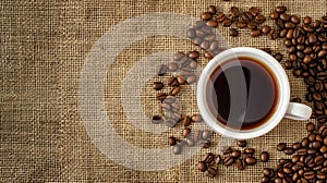 cup of coffee and coffee beans on burlap background. selective focus