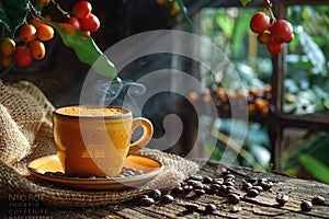 Cup of coffee with coffee beans in burlap bag and coffee powder in wooden spoon