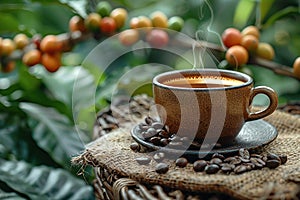 Cup of coffee with coffee beans in burlap bag and coffee powder in wooden spoon