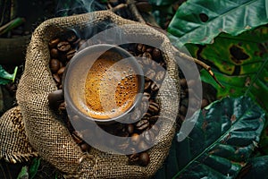 Cup of coffee with coffee beans in burlap bag and coffee powder in wooden spoon