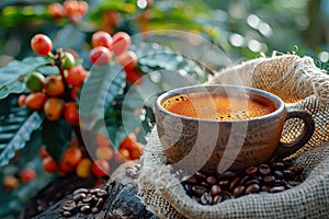 Cup of coffee with coffee beans in burlap bag and coffee powder in wooden spoon