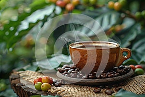 Cup of coffee with coffee beans in burlap bag and coffee powder in wooden spoon