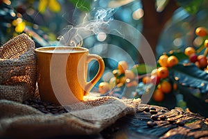 Cup of coffee with coffee beans in burlap bag and coffee powder in wooden spoon