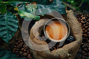 Cup of coffee with coffee beans in burlap bag and coffee powder in wooden spoon