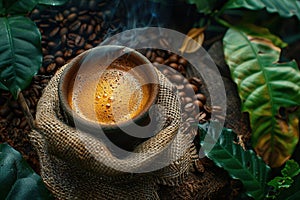 Cup of coffee with coffee beans in burlap bag and coffee powder in wooden spoon