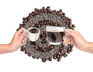 Cup of coffee and coffee beans on coffee beans background