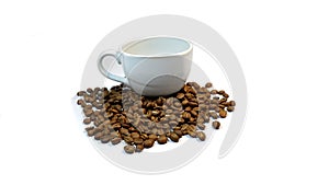 A cup of coffee and coffee beans
