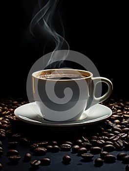 Cup of coffee with coffee beans on dark background