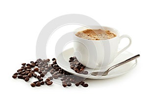 Cup of coffee with coffee beans isolated on white