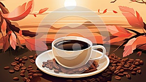 a cup of coffee and coffee beans on a saucer in front of a sunset background