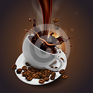 Cup of coffee, coffee beans and splash effect, high detailed re