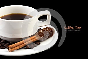 Cup of coffee and coffee beans with Sugar Stick Cinnamon