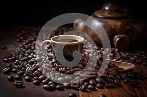 Cup of coffee among coffee beans on table. Generate ai