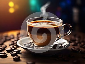 Cup of coffee and coffee beans on wooden table. Close up shot. hot beverage illustration