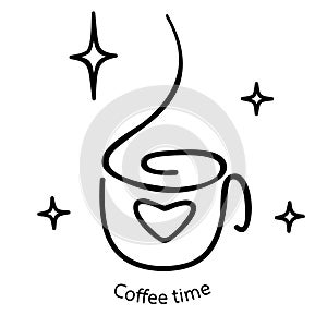 Cup of coffee. Coffee drink in simple doodle line drawing. Coffee to go concept, for fast food cafe design. Vector sketch
