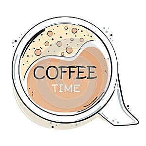 Cup of coffee with coffee time text isolated on white background. Vector illustration.