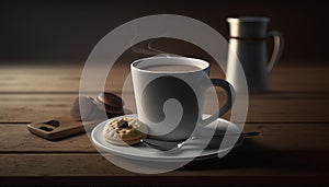 a cup of coffee and a cookie on a saucer. generative ai