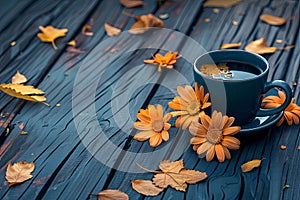 a cup of coffee on a country wooden table with orange marigolds and leaves
