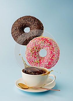 A cup of coffee and a couple of levitating donuts close-up