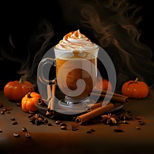 A cup of coffee with cream and a sprinkling of tiny pumpkins all around. Pumpkin as a dish of thanksgiving for the harvest