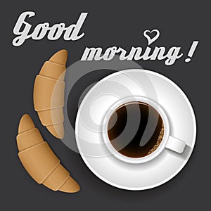 Cup of coffee and croissant on a black background with the text