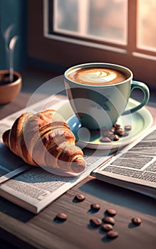 Cup of Coffee and Croissant: A Simple but Perfect Pairing. Generative Ai photo