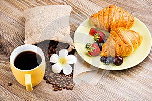 Cup of coffee and croissants