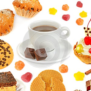 Cup of coffee, cupcake, chocolate, cake and marmalade isolated on white. Collage