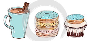 Cup of coffee with cupcakes and donuts. Cartoon style isolated on white background