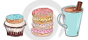 Cup of coffee with cupcakes and donuts. Cartoon style isolated on white background