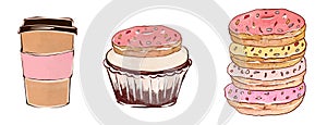 Cup of coffee with cupcakes and donuts. Cartoon style isolated on white background