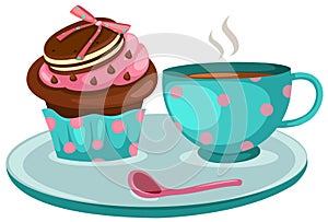Cup of coffee and cute cup cake