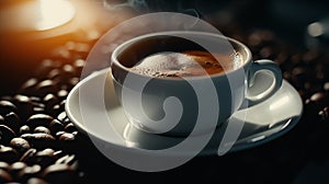 Cup of coffee in dark moody table with coffee beans