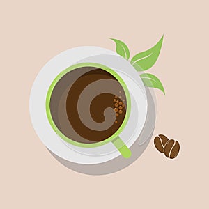 A cup of coffee decorated with coffee leaves and grains on a light beige background. Flat design. Top view. Light