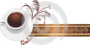 Cup with coffee on the decorative ribbon