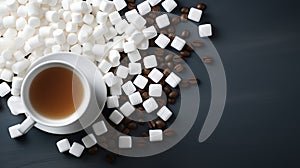 A cup of coffee with different sweetener pills and coffee beans on dark background. Top view, copy space. Sugar substitute,