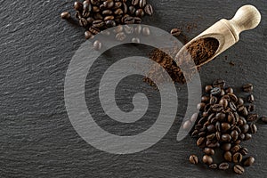 Cup coffee drink espresso background. Dark beans for black caffeine breakfast in cafe food. Brown roasted coffee seeds