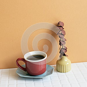 Cup of coffee and dry eucalyptus on white table. orange wall background. copy space