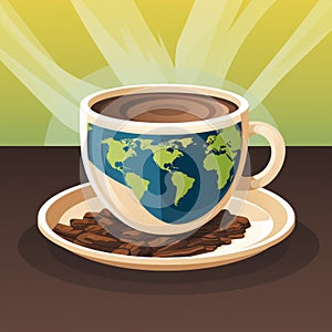 a cup of coffee with the earth on the cup and beans on the saucer vector illustration