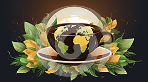 a cup of coffee with the earth on it surrounded by flowers and leaves