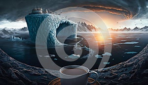 a cup of coffee at the edge of the world. scientific station on the iceberg. coffee break. rebalancing and mental health. generate photo
