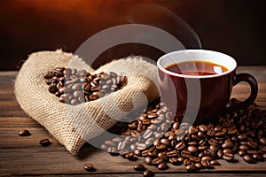 Cup Of Coffee Emitting Heartshaped Smoke And Surrounded By Coffee Beans On Burlap Sack, Placed On Ol
