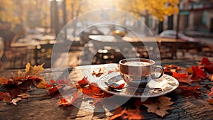 Cup of coffee and empty wooden table of outdoor cafe for product display with blurred background. Autumn quiet city street in the