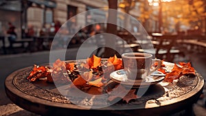 Cup of coffee and empty wooden table of outdoor cafe for product display with blurred background. Autumn quiet city street in the