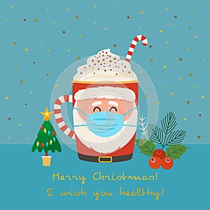 Cup of coffee with face of Santa Claus in mask with Christmas tree, holly and candy. greeting card