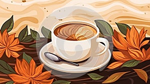 a cup of coffee with flowers and leaves on a table