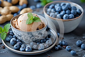 Cup of coffee fresh blueberries and bowl of homemade peanut ice cream